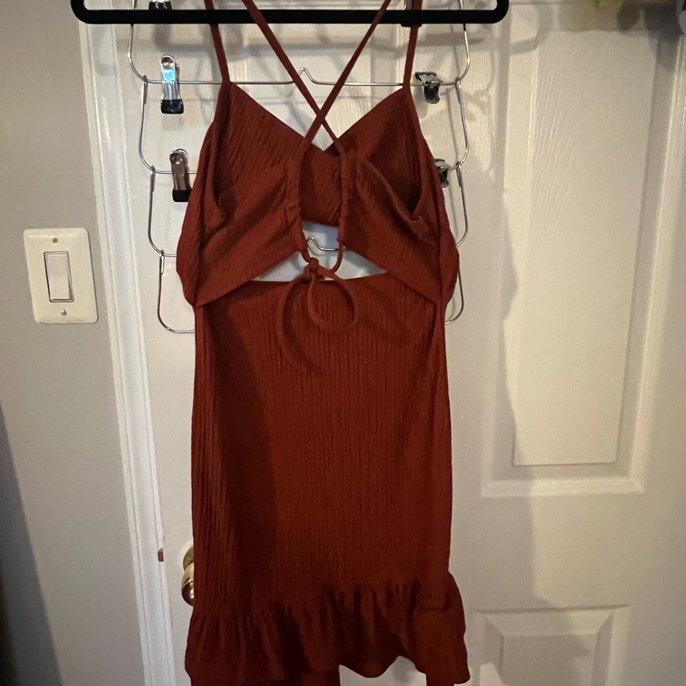 Rust Red Crinkle Ruffle-Hem Mini Dress with Crossback - Picture 2 of 3